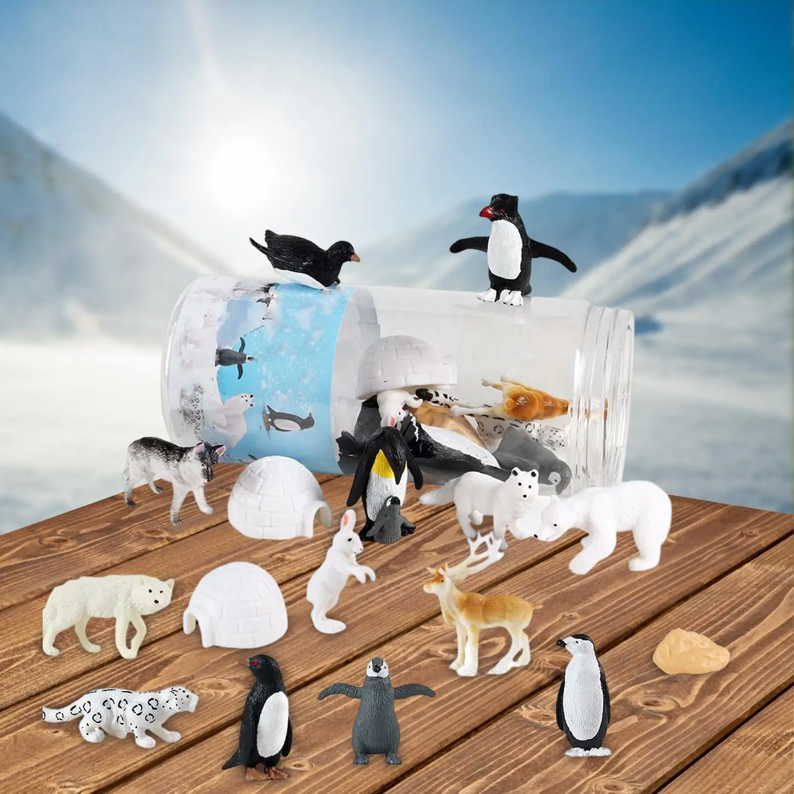 16Pcs Realistic Arctic Animals Includes Arctic Reindeer, Penguins, Polar Bear, Arctic , Igloo Figure Toy for Birthday Gift