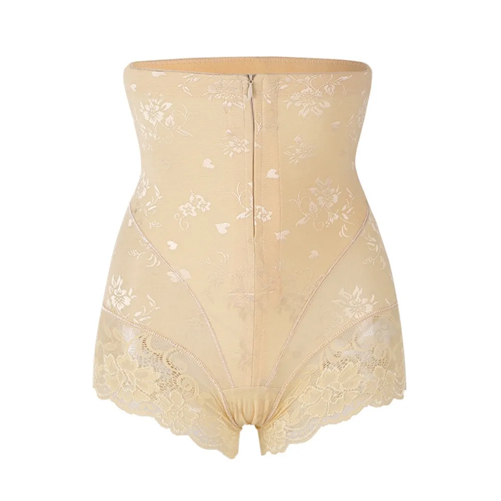 High Waist Tummy Control Panties Zipper and Hooks Control Lace Trim Compression Panties Slimming Cotton Gusset