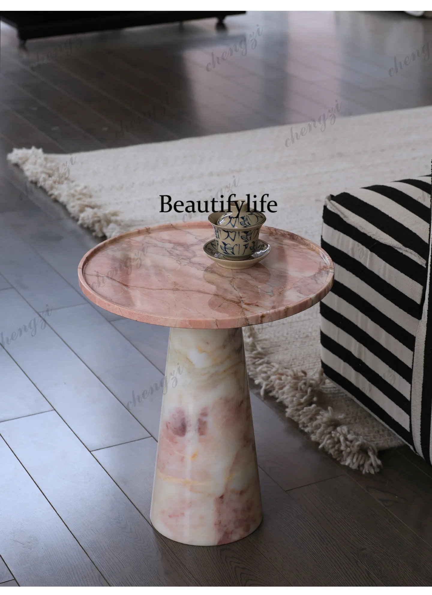 Natural marble powder jade edge Italian minimalist luxury stone living room corner French designer coffee table