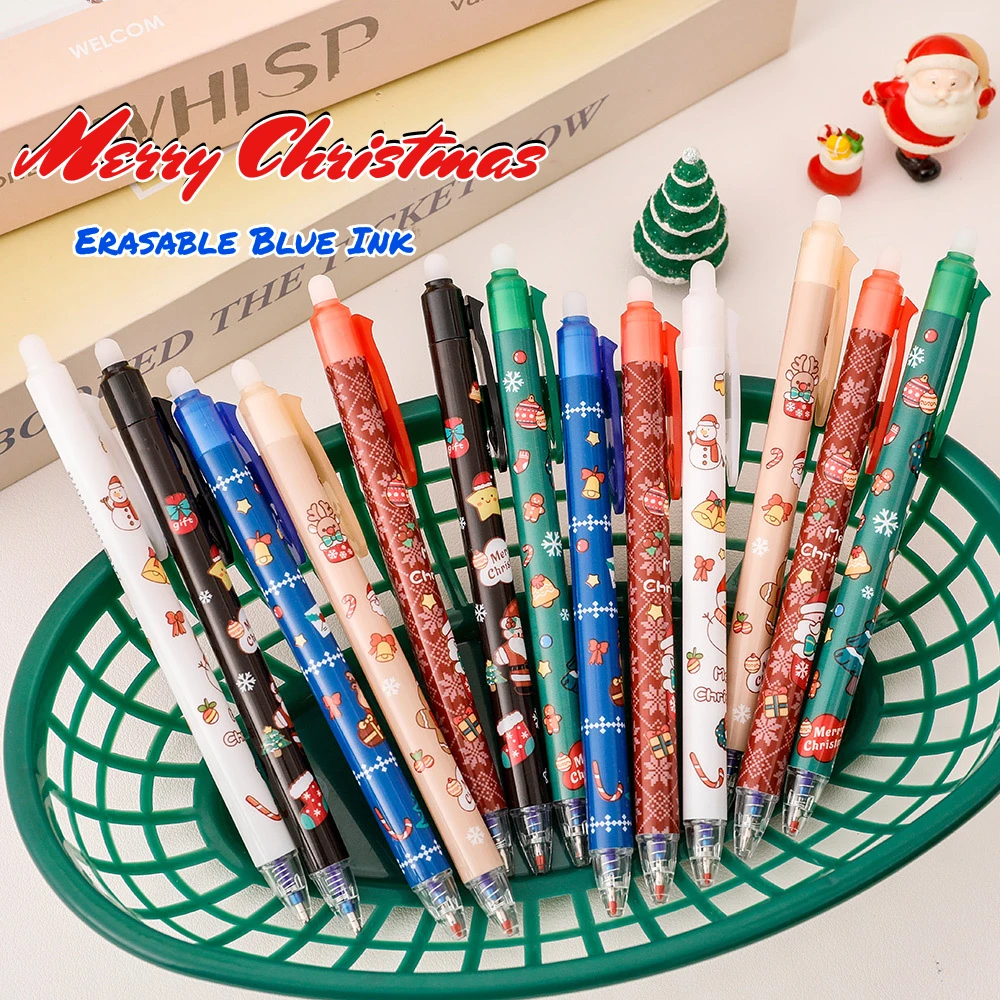 12Pcs/Lot Kawaii Christmas Themes Erasable Gel Pens 0.5mm Blue Ink Cute Santa Elk Snowmen Pen Gift Kids School Office Stationery