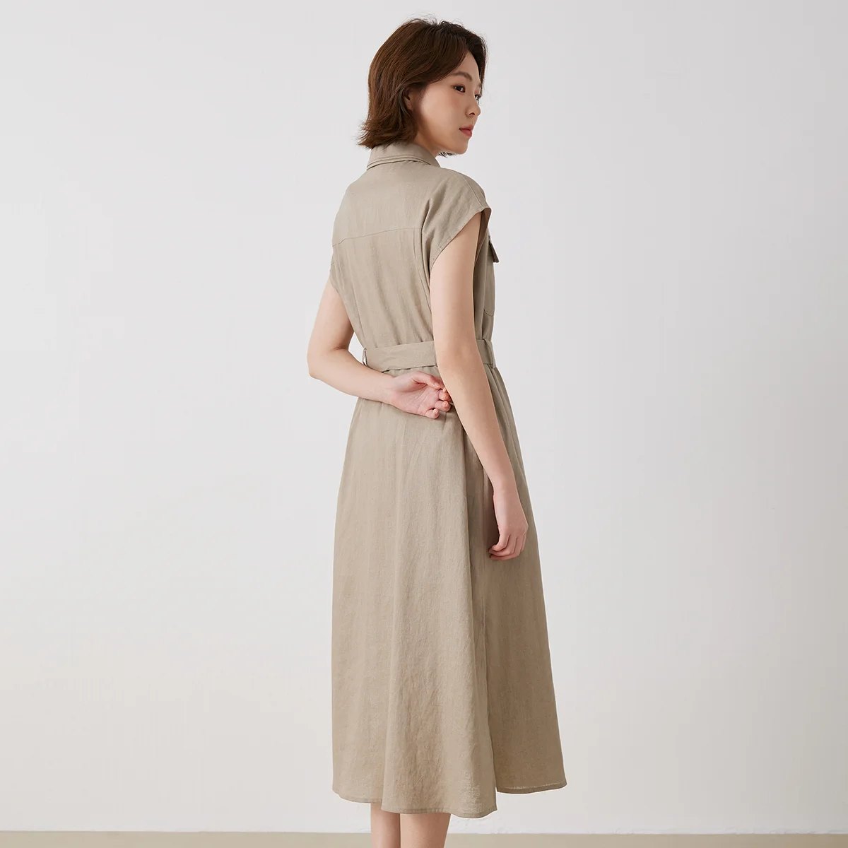 فستان K3206W عالي الجودة 100% كتان بدون أكمام وياقة بولو للنساء موضة الصيف الأنيقة