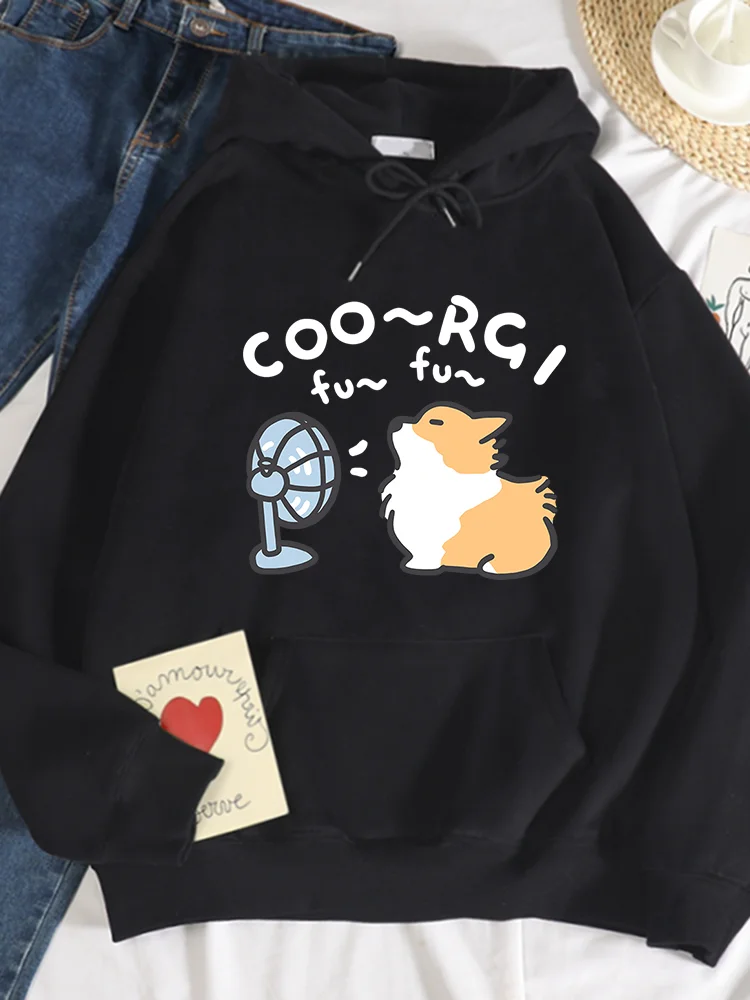 Hair Blowing Corgi Dog Printing Hooded Womens Autumn Soft Comfortable Hoodies Casual Warmth Hoodie Street Fashion Clothing