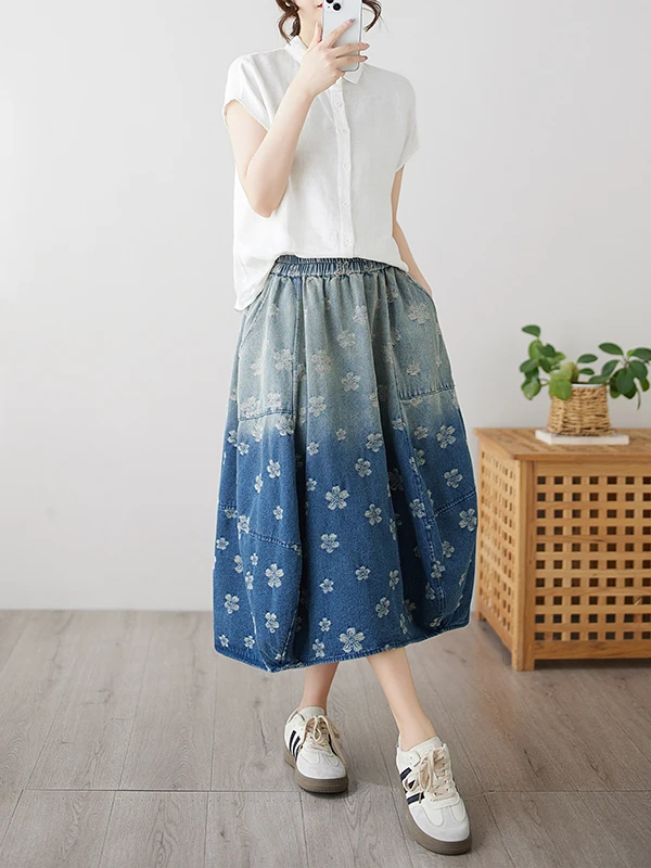 

Джинсовая юбка с цветочной вышивкой в стиле ретро, летняя утягивающая художественная универсальная юбка с цветочным принтом