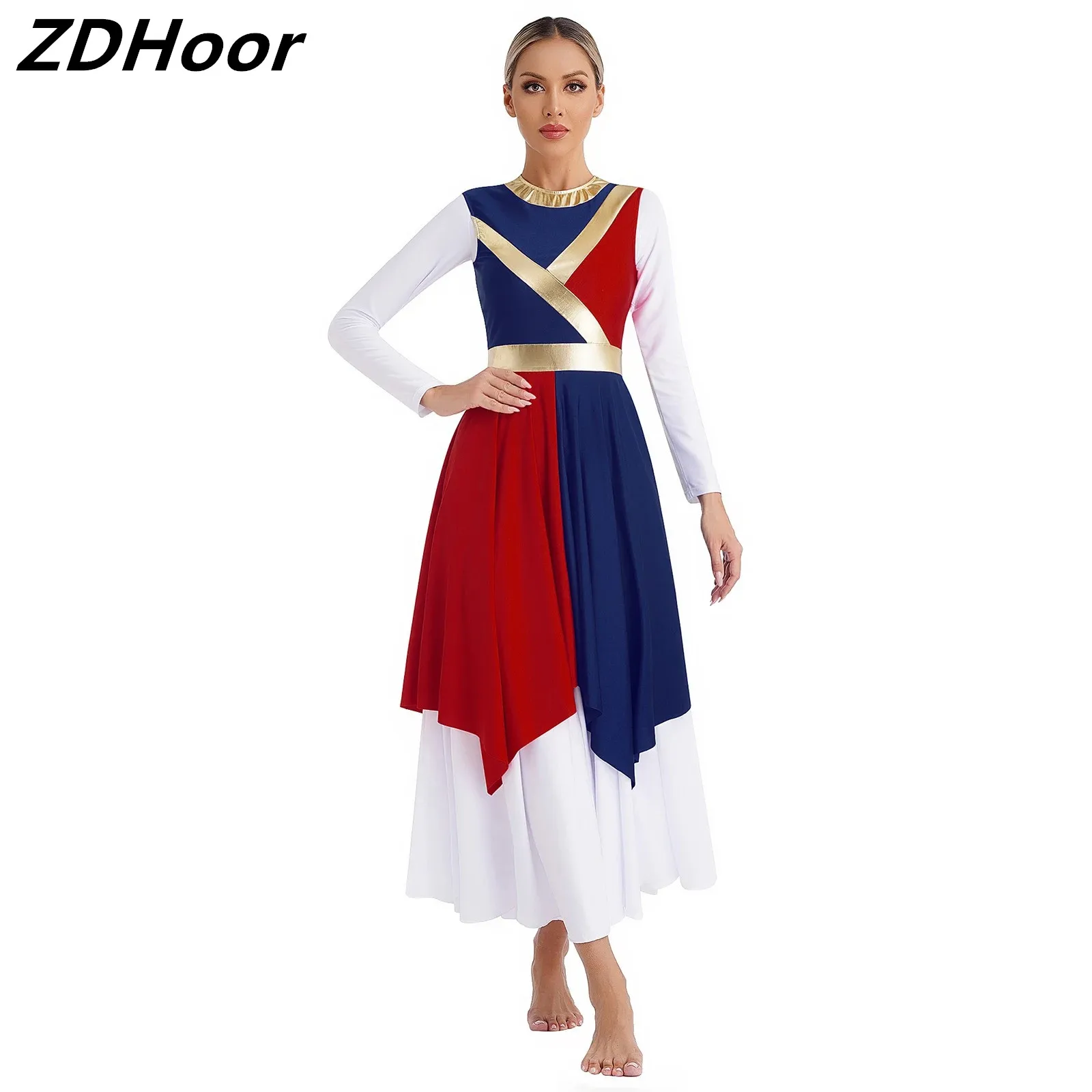 

Womens Liturgical Dress Metallic Patchwork Color Block Invisible Zipper Back Round Neck Asymmetrical Hem Dance Dresses