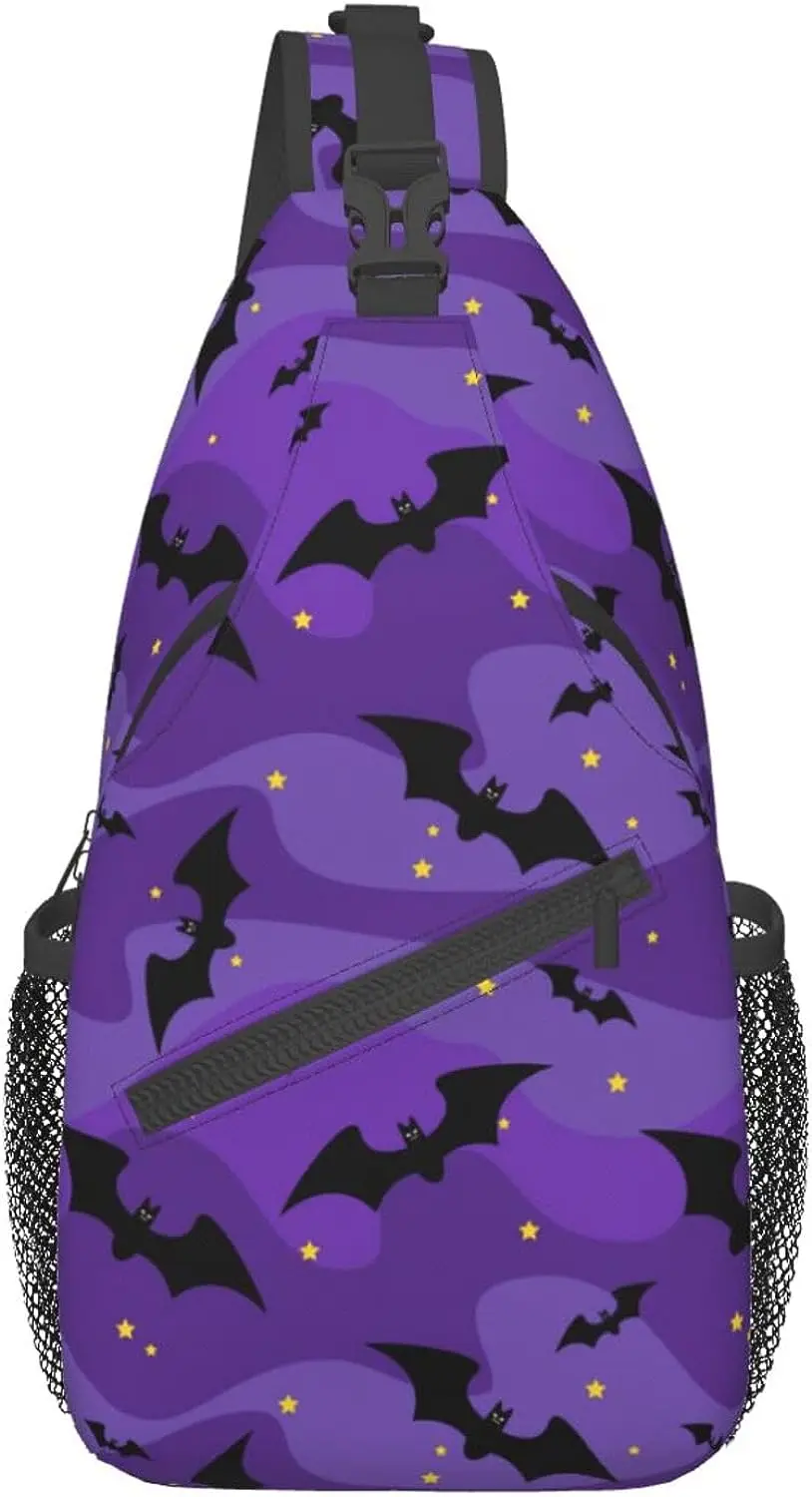 Bats Purple Sling Backpack Scary Halloween Crossbody Shoulder Bags Casual Chest Bag for Hiking Travel Cycling Unisex Casual