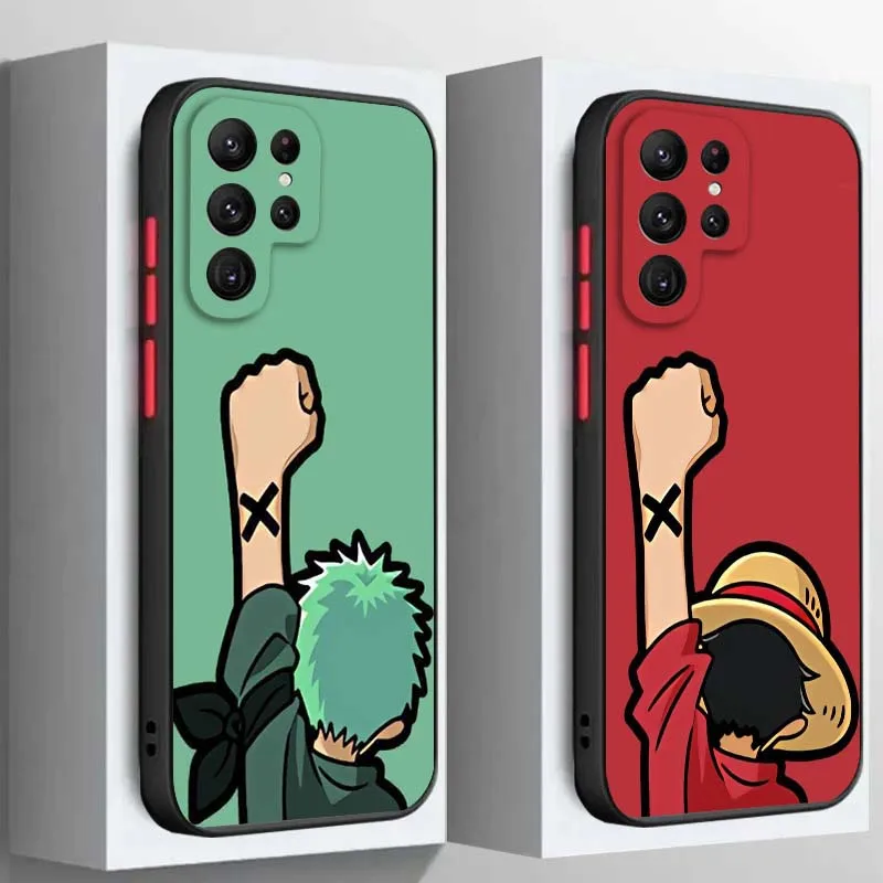 

Cartoon One Piece Luffy Zoro Phone Case For Samsung Galaxy S25 S24 S23 S22 S21 S20 S10 S9 Ultra Plus FE 5G Frosted Translucent