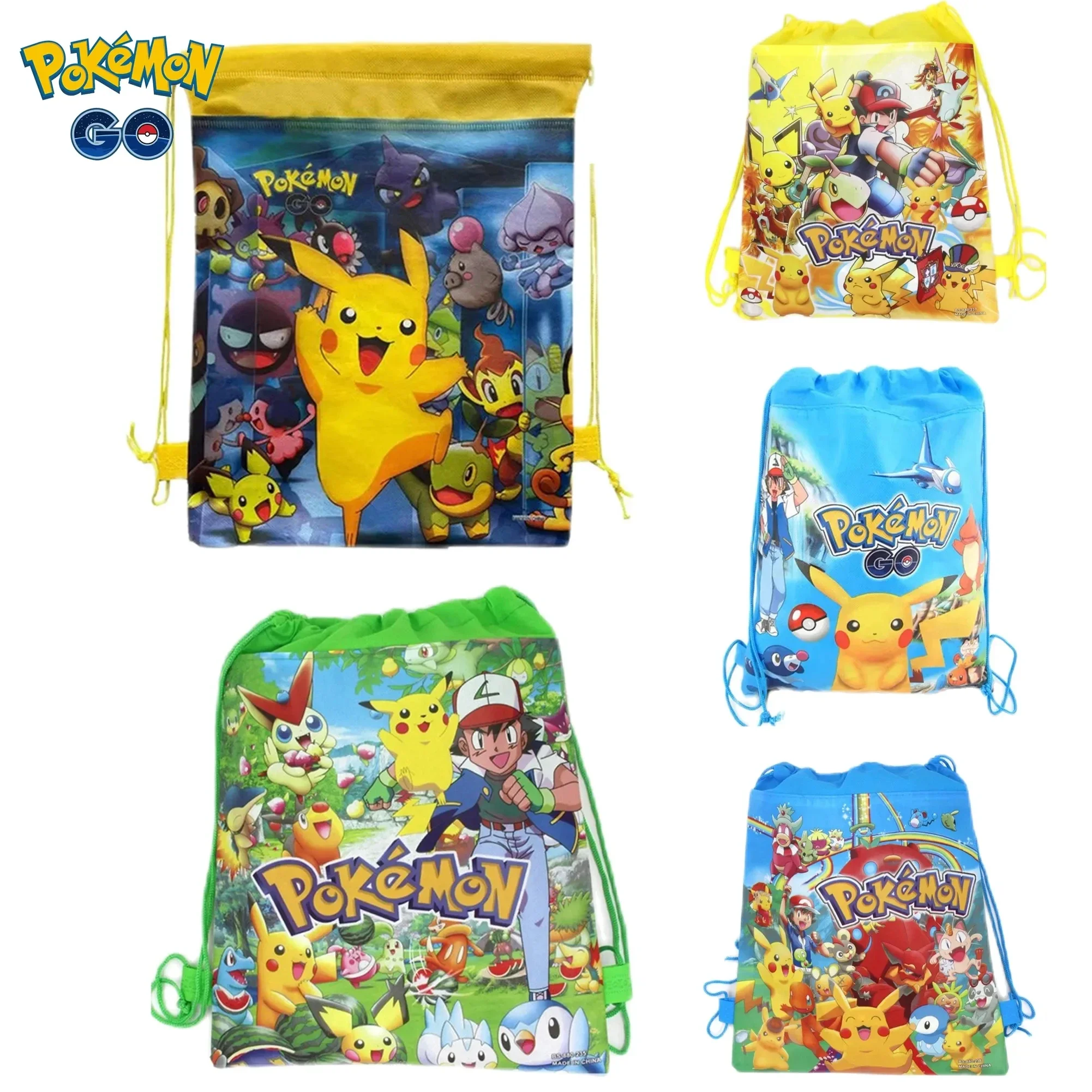 

New Pokemon Anime Pikachu Backpack Drawstring Bag Children Non woven Schoolbag Cartoon Storage Bag Children Bundle Pocket Toy