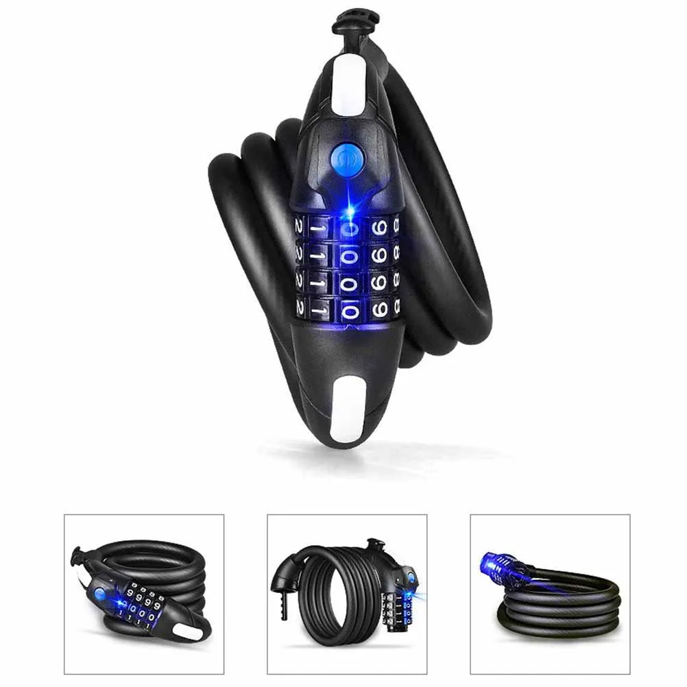 

4 Cycling Heavy Duty 120cm Cable Combination Password Frosted Bike Cable Lock Cable Coded Lock with LED Light (Black)