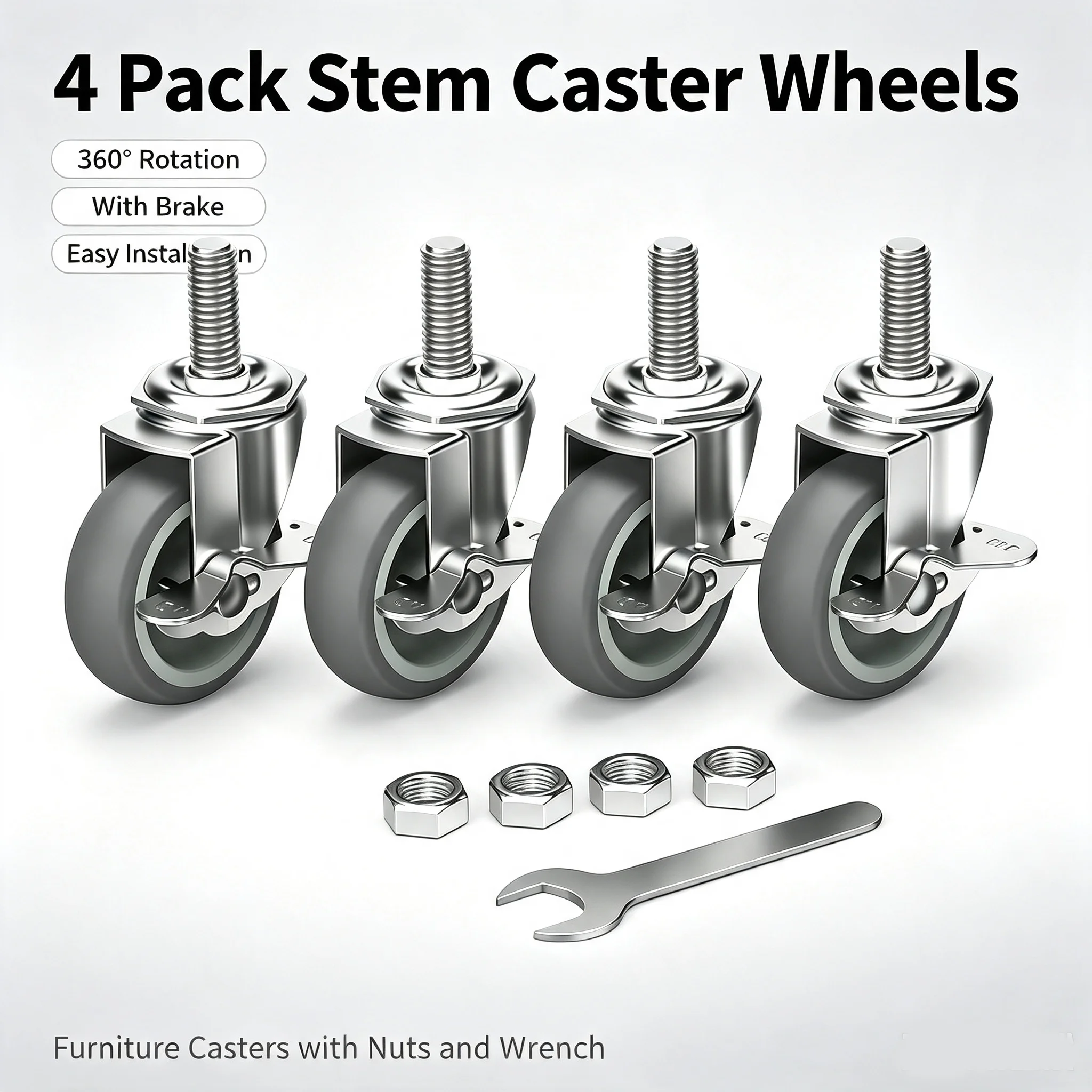 3 Inch Heavy Duty Casters Threaded Stem Casters No Noise Swivel Casters Set of 4 Locking Castor Wheels for Funiture, Workbench
