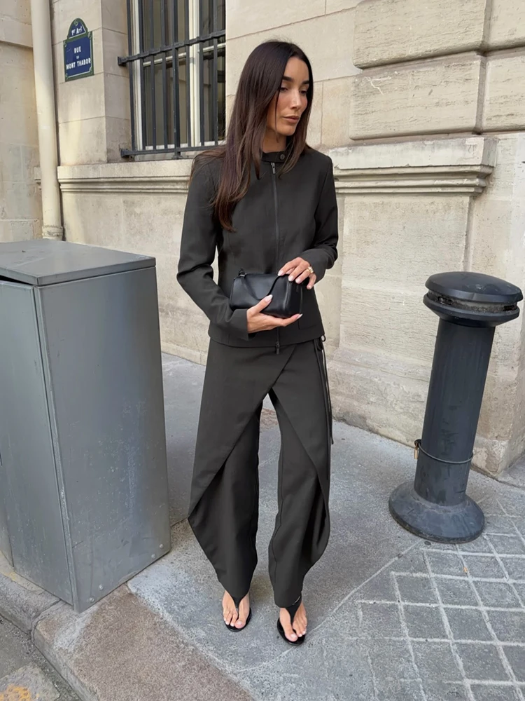 Women's wrap-style pants, high-waisted slit faux two-piece straight-leg pants, side tie elegant business casual pants
