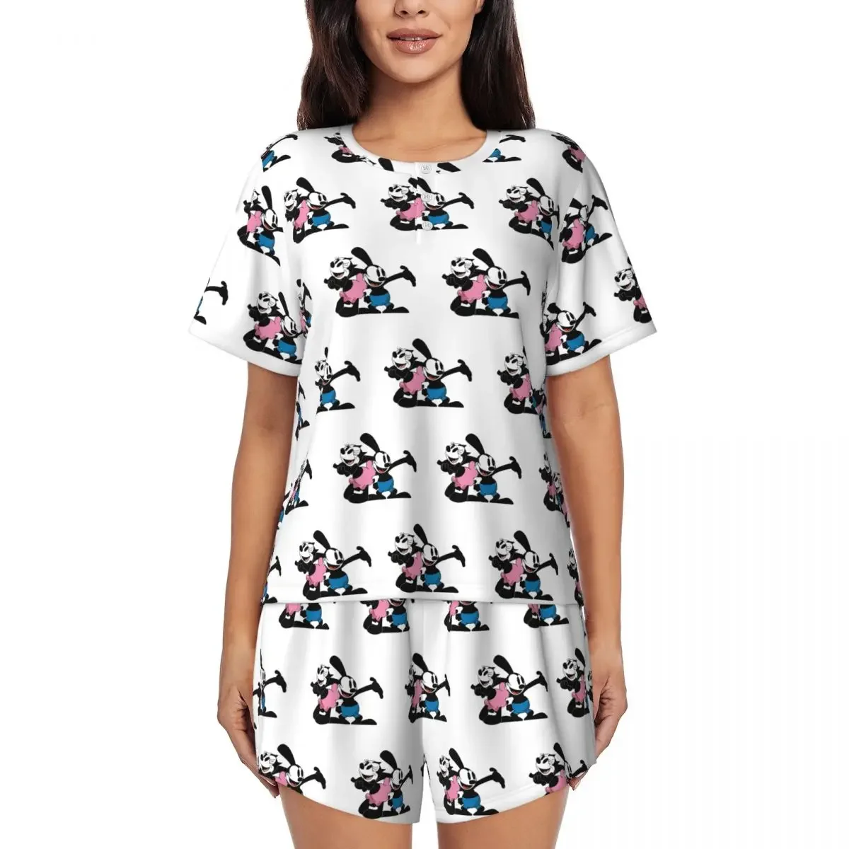

Oswald And Ortensia Round Neck Short Sleeves Nightdress for Sleeping Sleepshirts Women Loose Pajama Set Short Pants