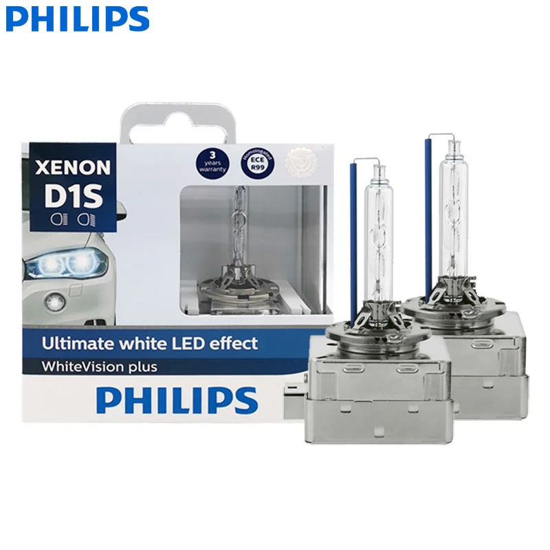 Philips Xenon D1S White Vision Plus 5000K Pure White 35W LED Effect HID Lamps +120% Bright Car Head Light 85415WHV2X2, Pair