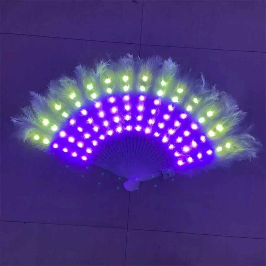 RGB Feather Rechargeable Folding Fan Lighting Dancing Fluorescent Bar for Events Holiday Dancing Show Accessories