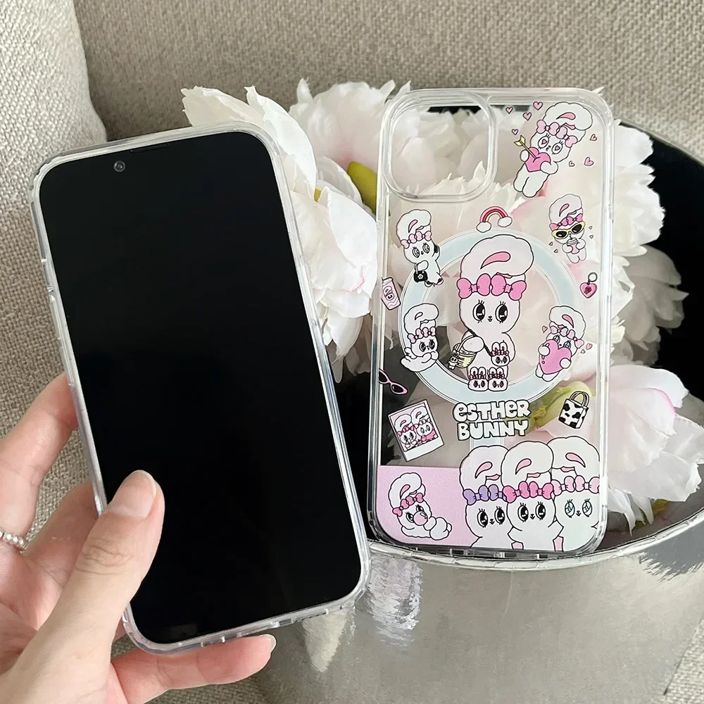 Cartoon Cute Pink Bunny dla Magsafe Magnetic Bracket Etui na telefon IPhone 15 14 13 12 11 Pro Max Anti-fall Back Cover Girl Gift