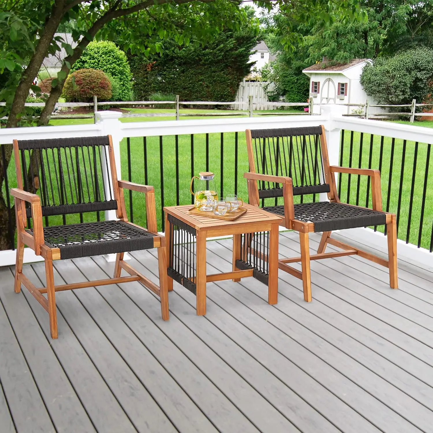 Ensemble de meubles d'extérieur en bois d'acacia, ensemble de bistrot tissé par ULtous temps avec fauteuils et table basse, ensemble de conversation, 3 pièces