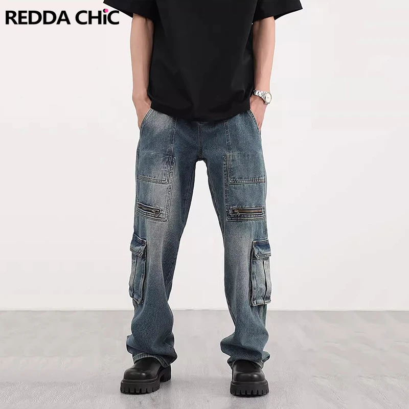 

REDDACHIC Cargo Pockets Men Baggy Jeans Do Old Straight Wide Leg Casual Denim Pants Long Trousers High Street Hiphop Workwear