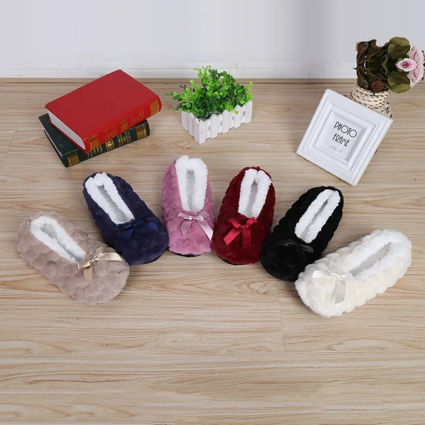Fluffy Female Floor Slipper Women Winter Faux Fur Plush Grip Soft Cute Funny Indoor Home hairy Love Heart House Shoe Warm Bow