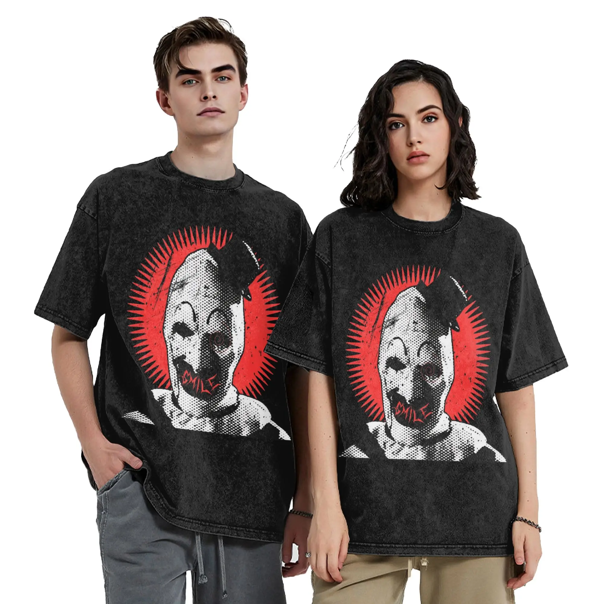The Terrifier Screenprint Smile Art the Clown Washed T Shirts Streetwear Hip Hop Vintage T-Shirts Tees Men Women Oversize