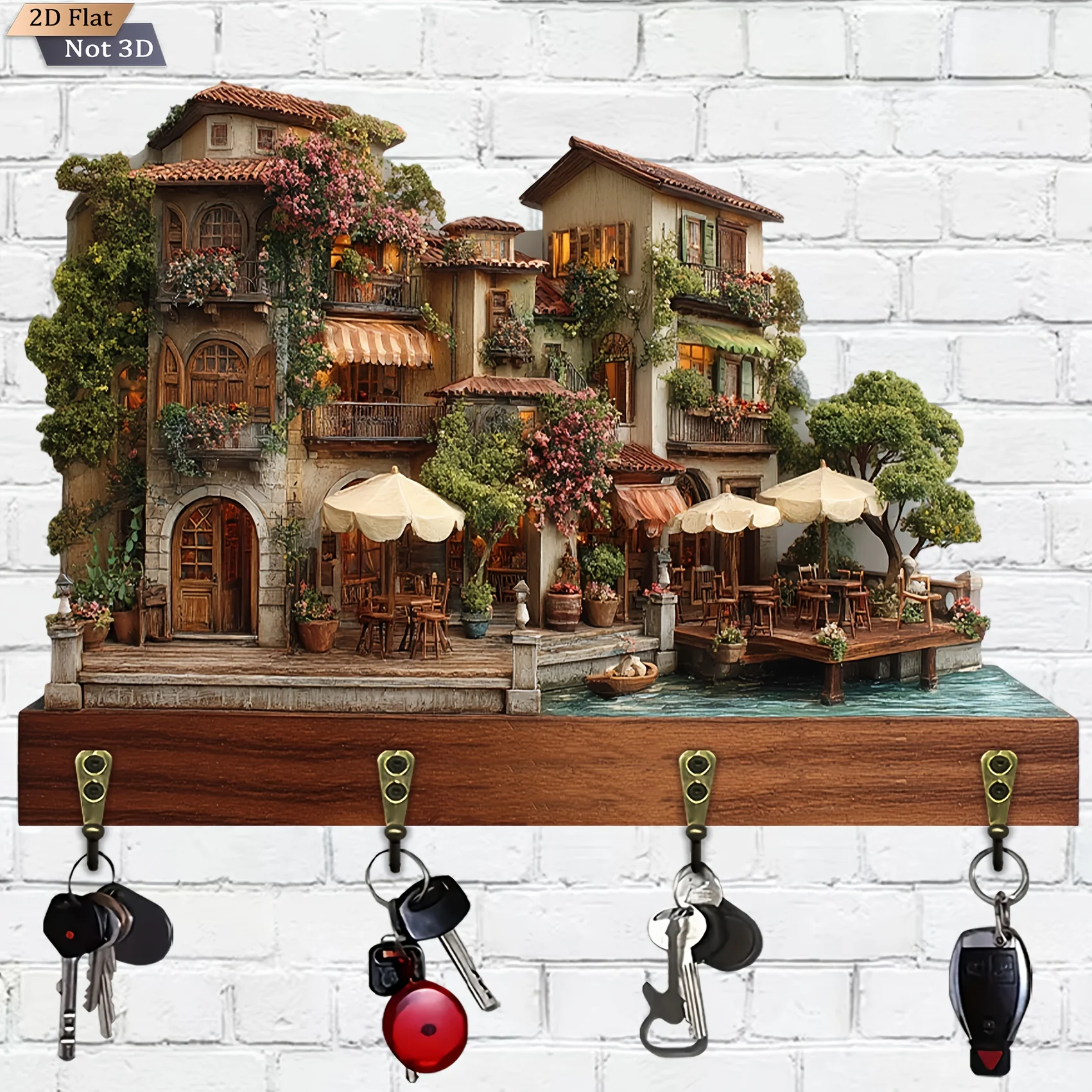 2D Flat, Single Tuscan Manor Wooden Multi-Functional Home Key Hook with Four Metal Hangers for Wall Decoration Porch Room Villa