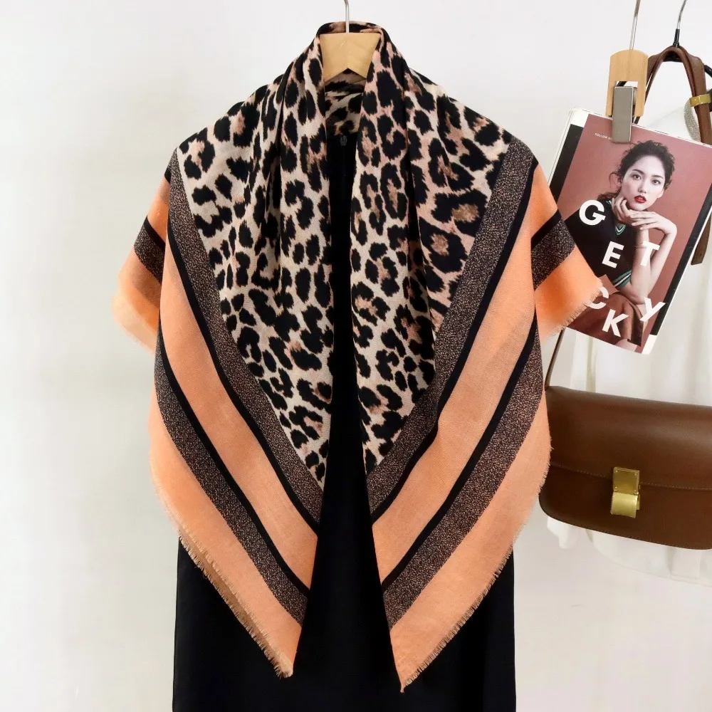 100% Wool Scarf Women Winter Warm Thick Soft Cozy Shawl 100x100cm Wrap Pashmina Leopard Print Long Neckerchief Tartan Oversized
