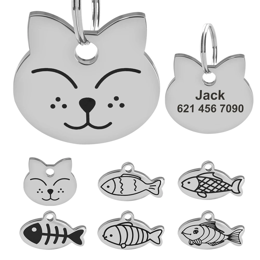 Personalized Cat Tag Custom Cats Kitten ID Tags Free Engraved Cat Collar Pendant Necklace Pet Accessories Round Fish Shape