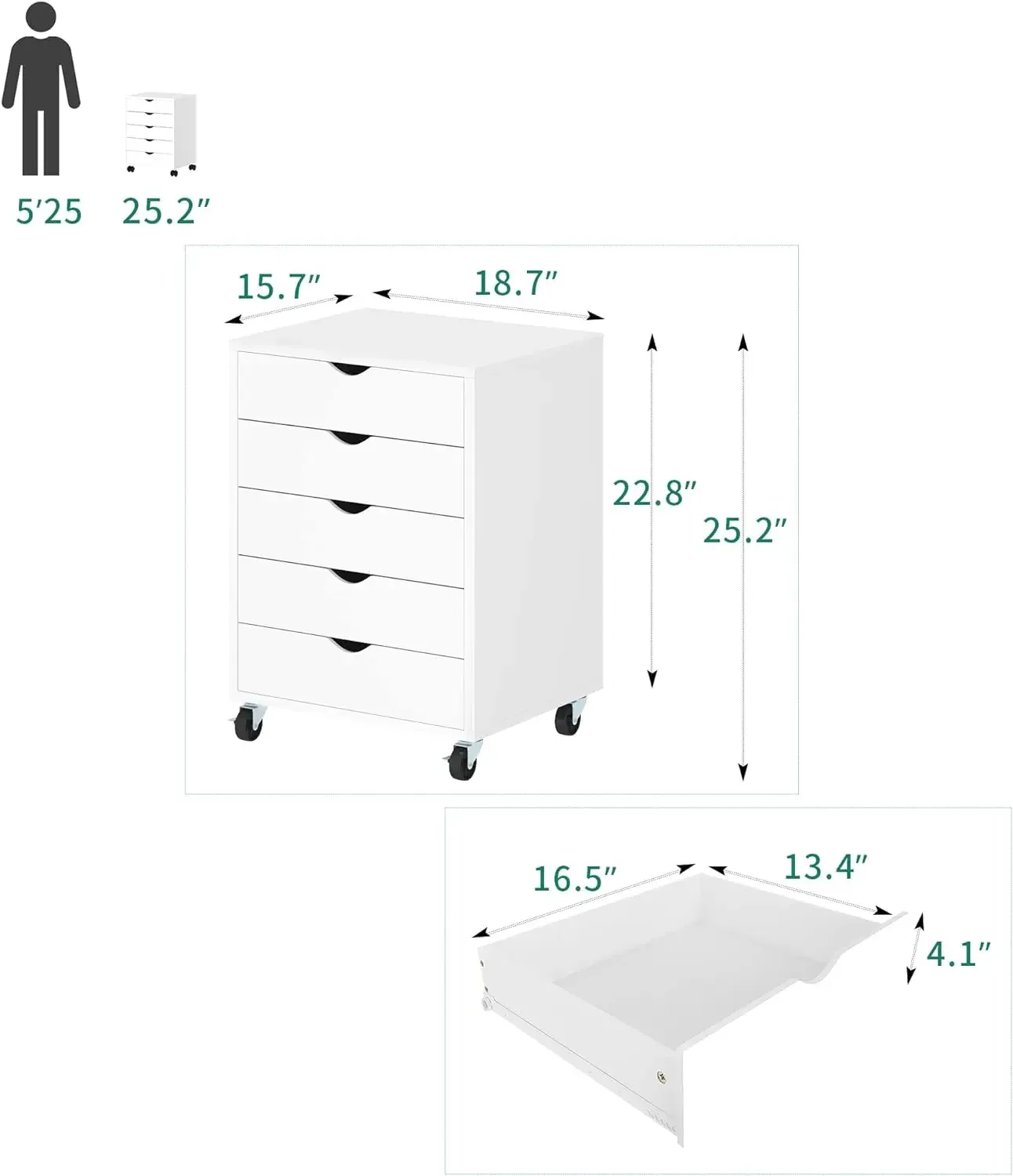 NEW 5 Drawer Chest, Mobile File Cabinet with Wheels, Home Office Storage Dresser Cabinet, White NEW USA