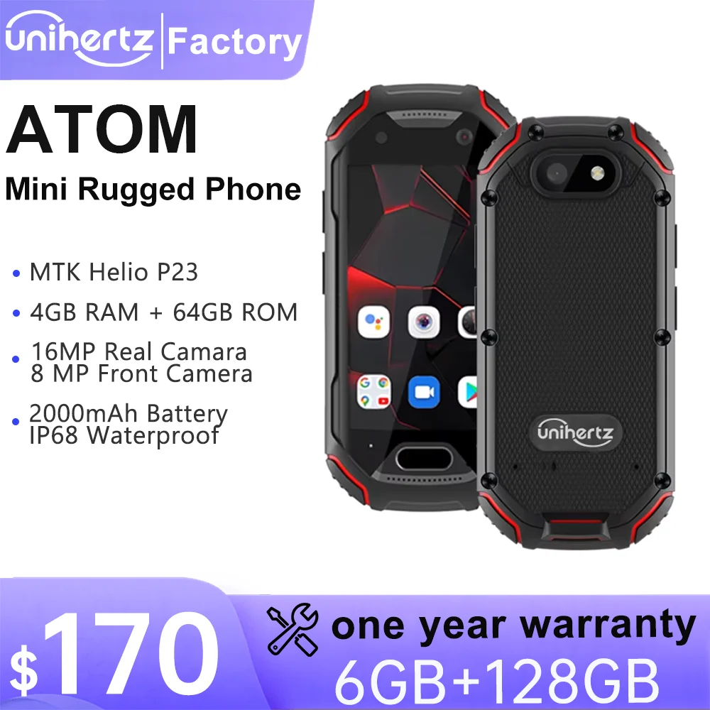 Mały, wytrzymały smartfon Unihertz Atom, telefon komórkowy 4 GB, 64 GB, P23, 16 MP, 4G, bateria 2000 mAh, telefon komórkowy 2,45 cala do telefonu zapasowego