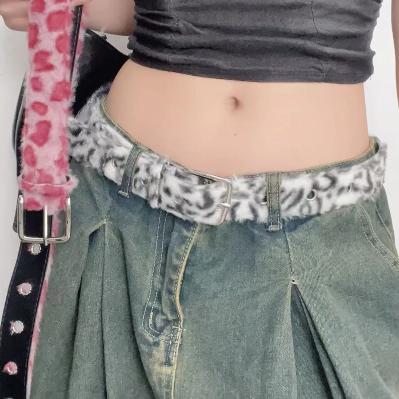 New Y2k Pink Leopard Pattern Plush Belt Pink Belt Punk Fashion Versatile Wide Edition Light Luxury Comfortable Girl Fury Belt