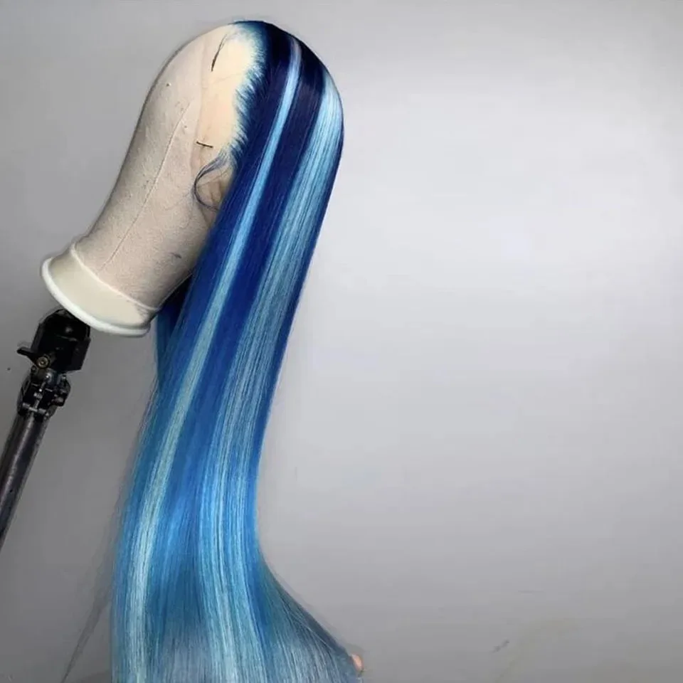Highlight Ombre Blue Straight Lace Front Wig 13x4 HD Lace Frontal Wig Synthetic High Quality Heat Resistant Daily Wear Cosplay