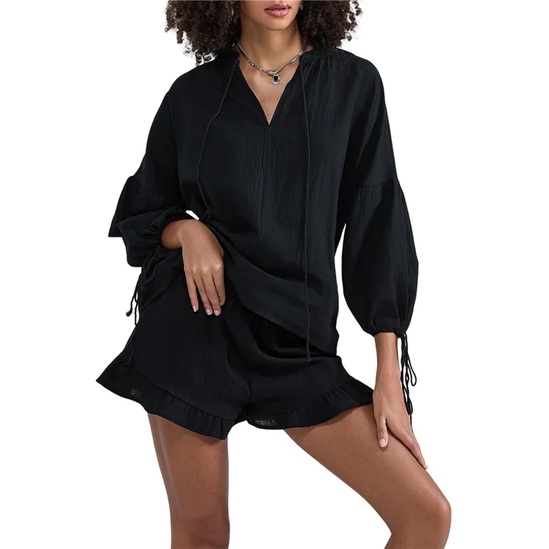 

CGS-Women's Shorts Set, Two-Piece, Long-Sleeved Tie-Dress Top And Ruffled Boxer Shorts, Matching Casual Set