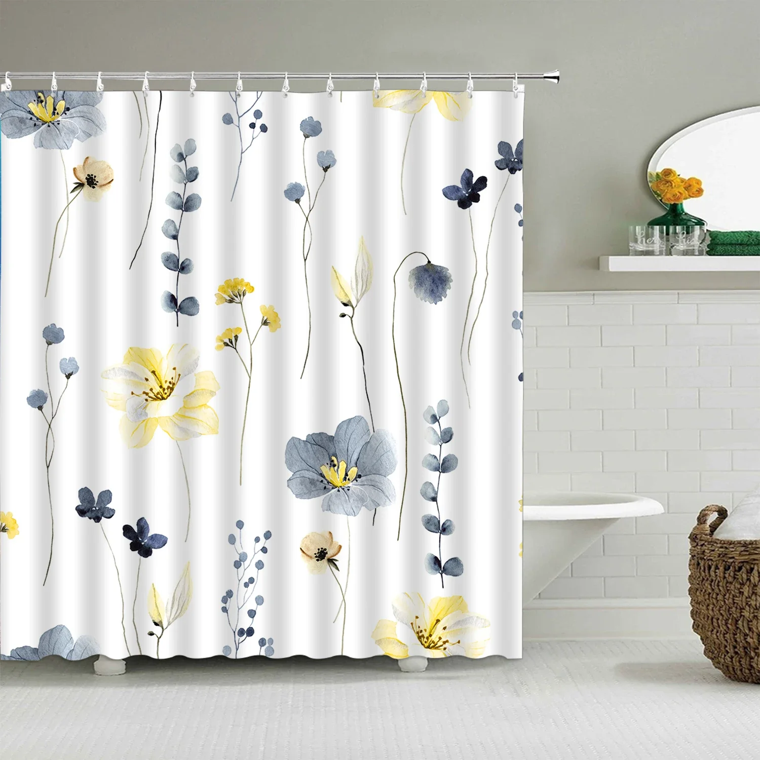 Watercolor Flower Shower Curtain, Sage Green Beige Flower Colorful Modern Minimalist White Bathtub Partition Bathroom Decorative