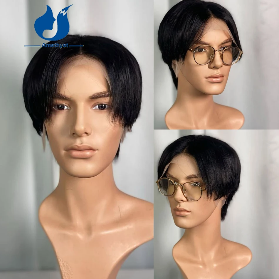 

Amethyst Brazilian Remy Human Hair Wig Full Lace Middle Part Bleached Natural Black Straight Pixie Cut Short Bob for Men
