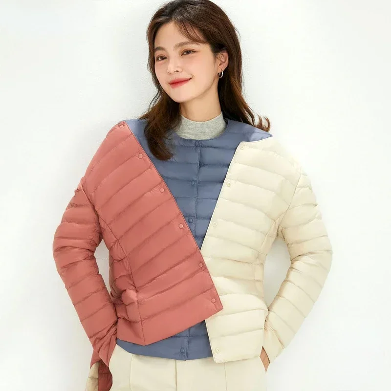 

2025 Women's Convertible Collar Duck Down Jacket O-Neck to V-Neck Changeable Collarless Lightweight Quilted Puffer Coat