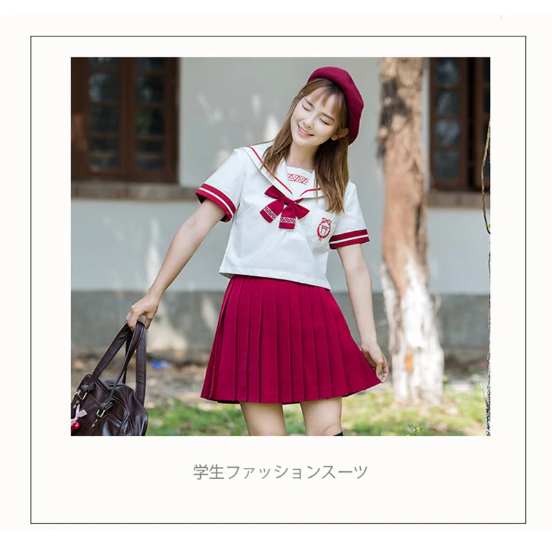 Women Girls Sailor Suit Short sleeve Red JK Uniform Dress for Students Graduates White top + Red skirt XXXL