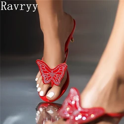 Bling Diamondm Butterfly Decor Slippers Women Summer New Clip Toe High Heel Sandals Elegant Ladies Party Stiletto Slides
