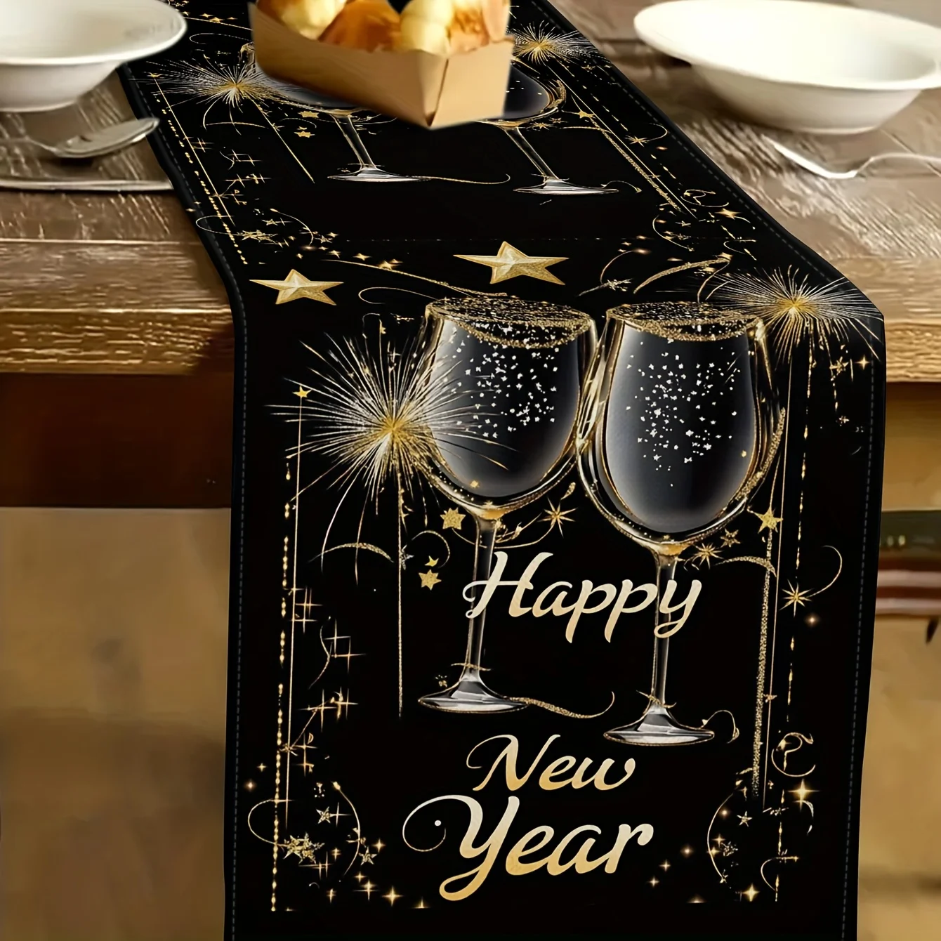 Happy New Year's Celebration Table Runner Champagne Glasses Fireworks & Stars Design Kitchen Festive & Party Decor