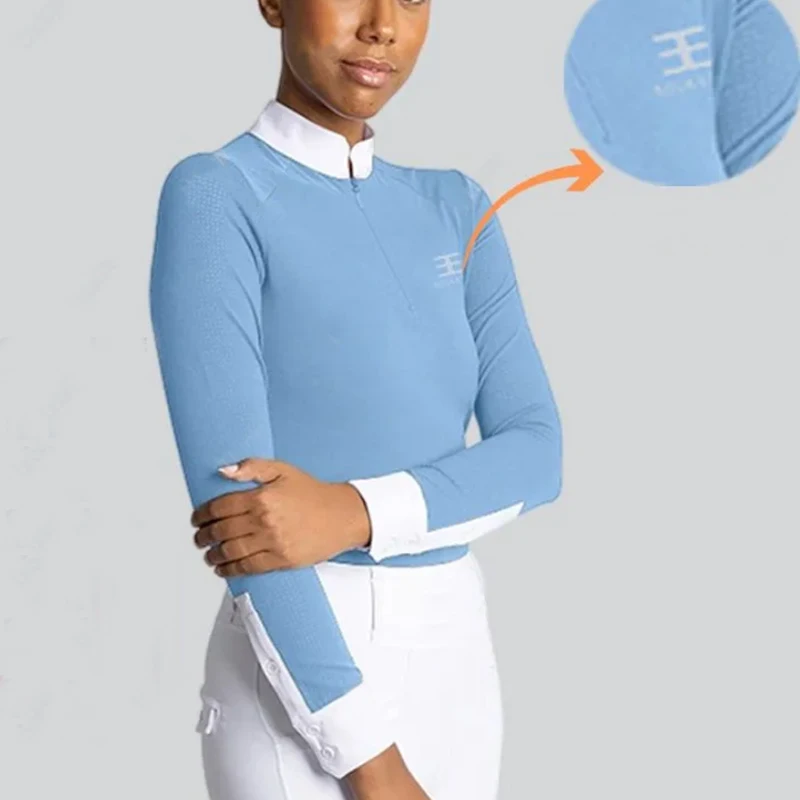 سستة الفروسية تي شيرت المرأة الرياضية طويلة الأكمام بلايز ركوب الخيل بلوزة ربيع الخريف عرض المنافسة متسابق الملابس