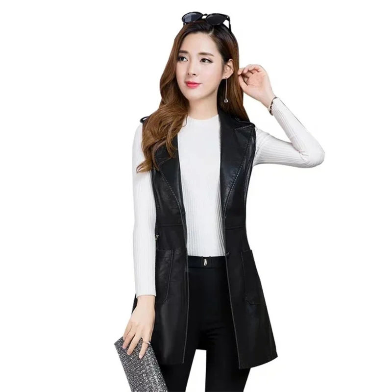 Vest Coat Women's PU Leather Jacket Waistcoat Long 2024 Suit Vest Sleeveless Women Cardigan Suit Vest Outcoat Black