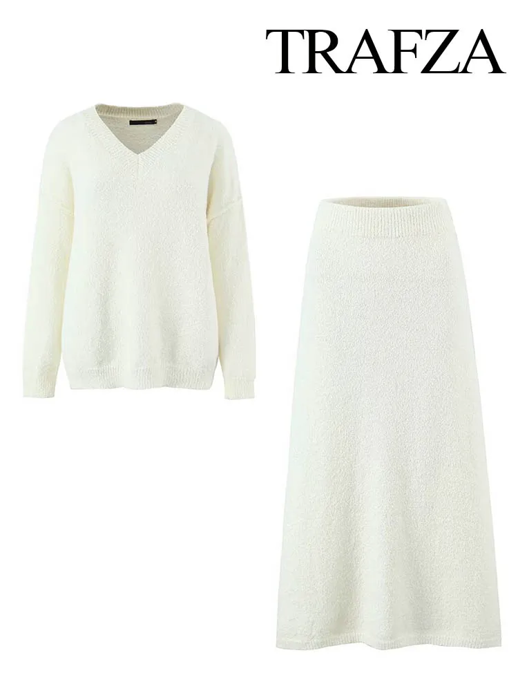 

TRAFZA Autumn Women Chic Long Sleeves V-Neck Solid Knitted Pullover Top+New Fashion Elastic Waist Loose Elegant Skirt Set Mujer