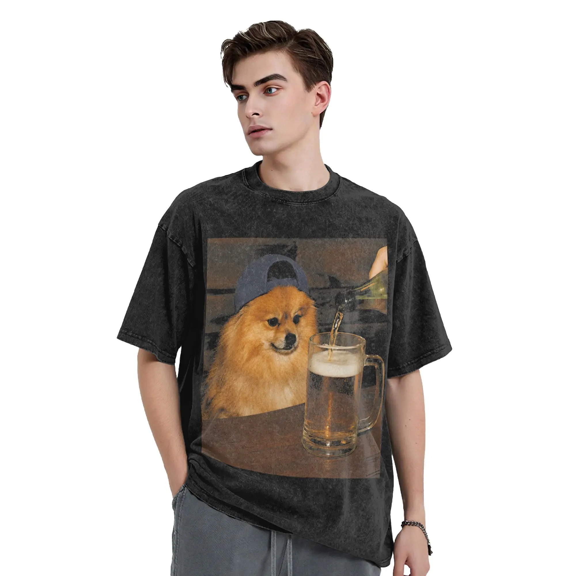 Washed T Shirt Pomeranian Drinking Beer Funny Dog Lover T-Shirts Oversize  Streetwear Short Sleeve Summer Top Tees for Men Women