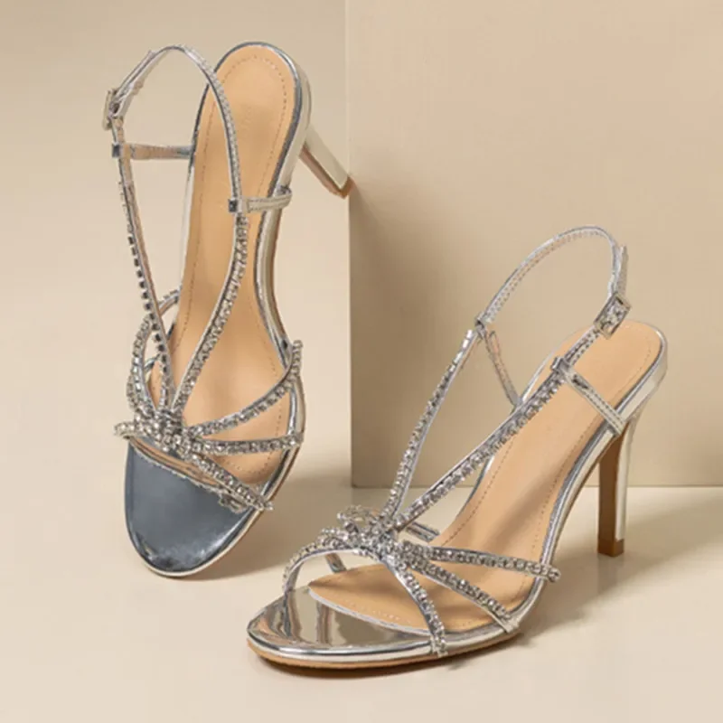 

Luxury Rhinestone Narrow Strap Designer Sandals Women Summer 2025 Sexy Open Toe Silver High Heels Elegant Party Wedding Shoes