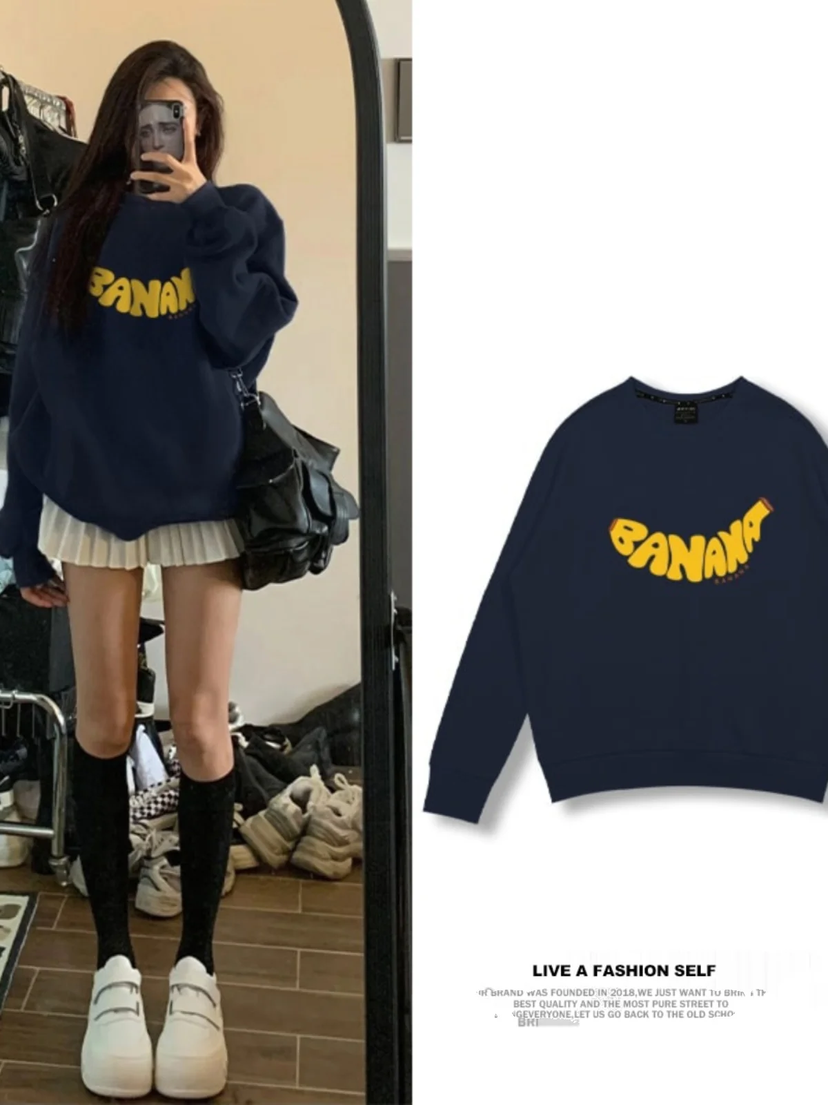 

American Retro round Neck Sweatshirt Women's Autumn Winter Thickened Loose Outerwear Top Blue Color Fleece Lined New Style