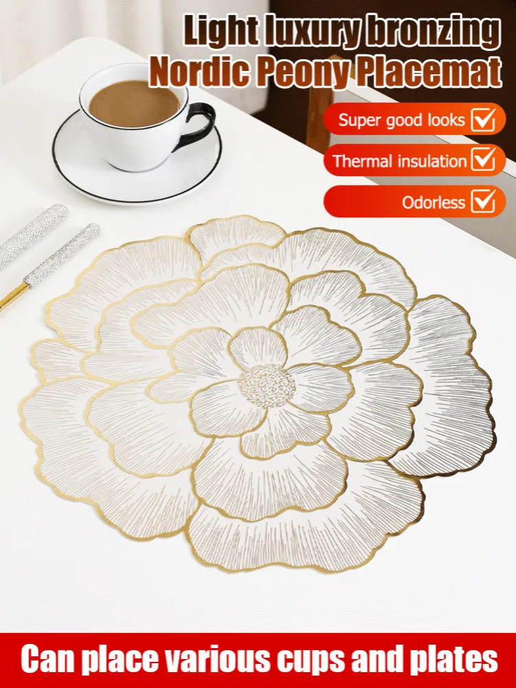 Nordic Peony Placemat PVC Heat Proof Mat Non-Slip and Hot Coaster Table Bowl Mats Dining for Wedding Anniversary Kitchen Decor
