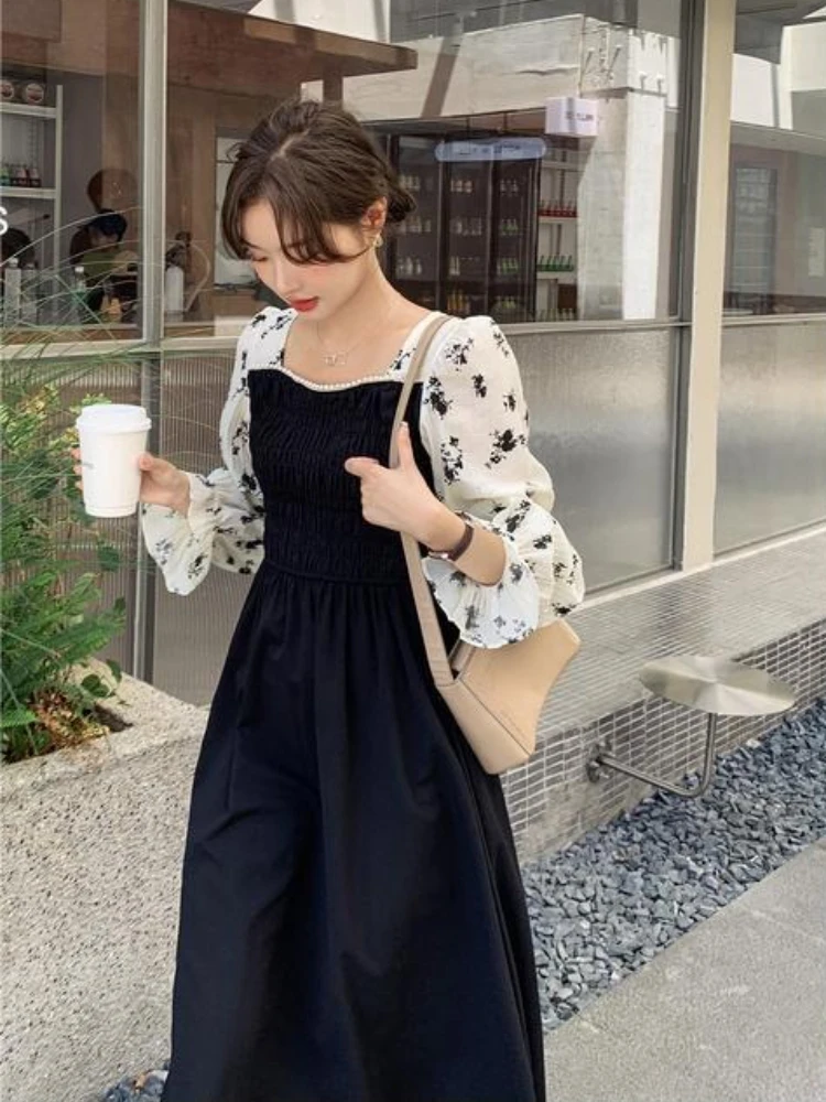 Midi Black Party Square Neck Woman Long Sleeve Dress Prom Clothing Beach Designer High Quality Luxury On Sales Dresses for Women