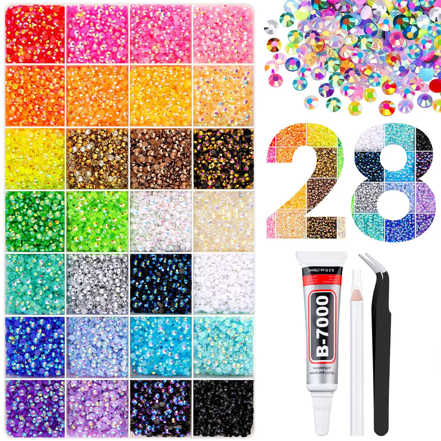 

30000Pcs Resin Rhinestones with Tweezers,Multicolor 3mm Crystal with 1Pcs Jewelry Glue for Bedazzled Nail Art Crafting Makeup