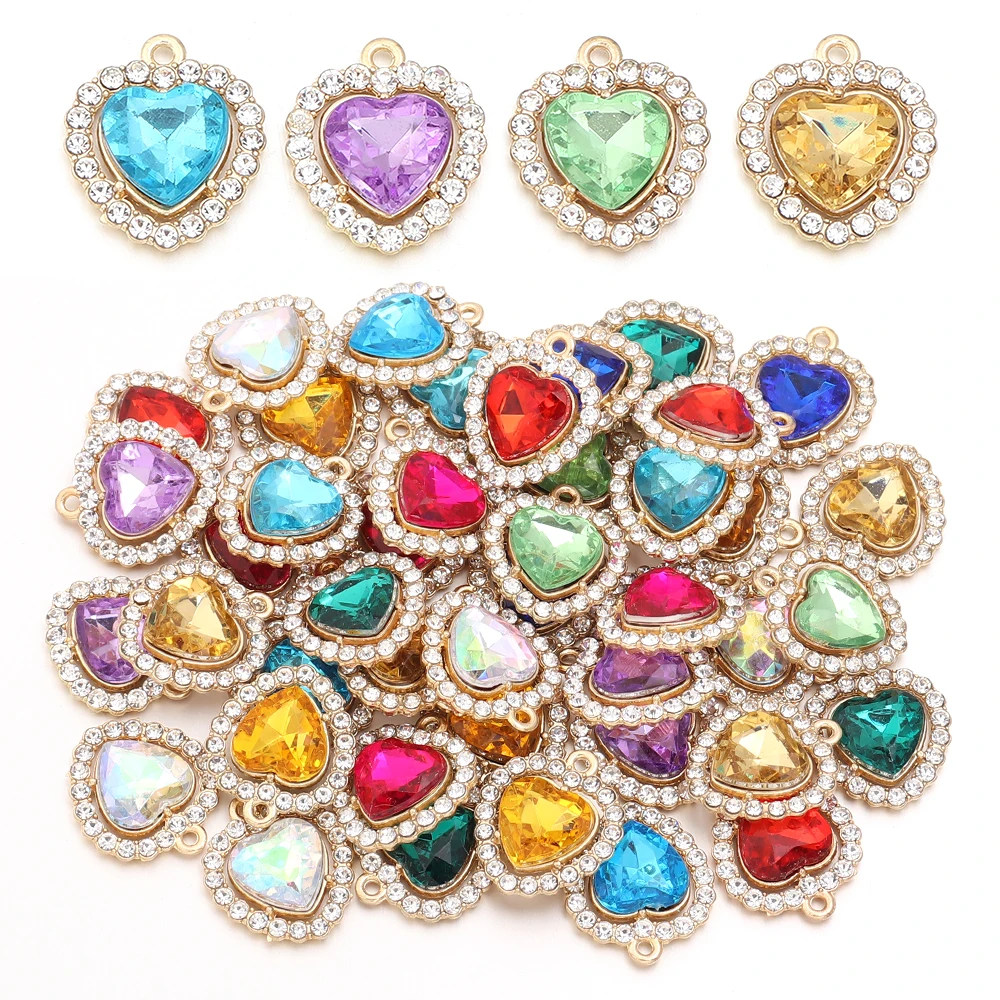 10Pcs Multicolor Crystal Love Heart Charms For Women Girls Jewelry Making DIY Sweet Romantic Love Heart Pendant Necklace Crafts