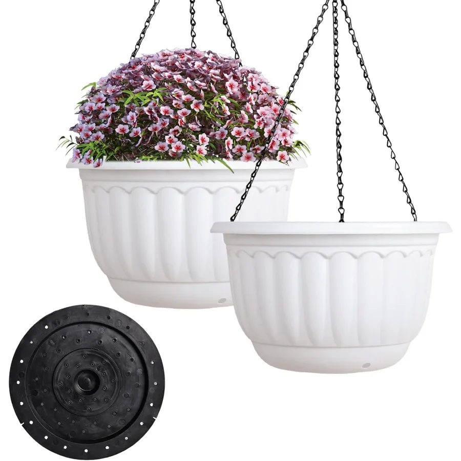 

2 упаковки белых уличных и внутренних горшков с дренажными отверстиями и впитывающими лотками. 12-дюймовые подвесные горшки с 3 крючками для Vers.