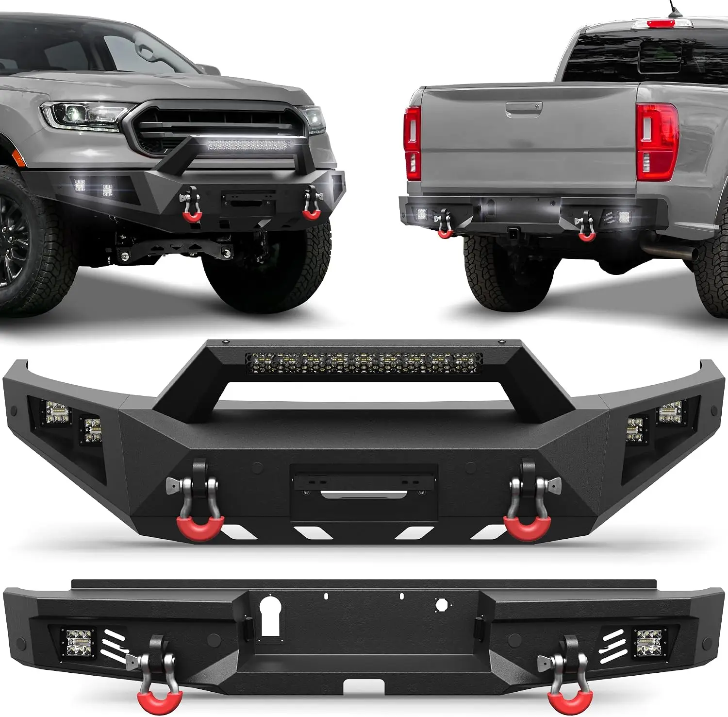 Front & Rear Bumper Set for 2019-2023 Ford Ranger Excl. Wildtrak Full Width Winch Plate 144W Light Bar 6x18W Fog Lights D-Rings