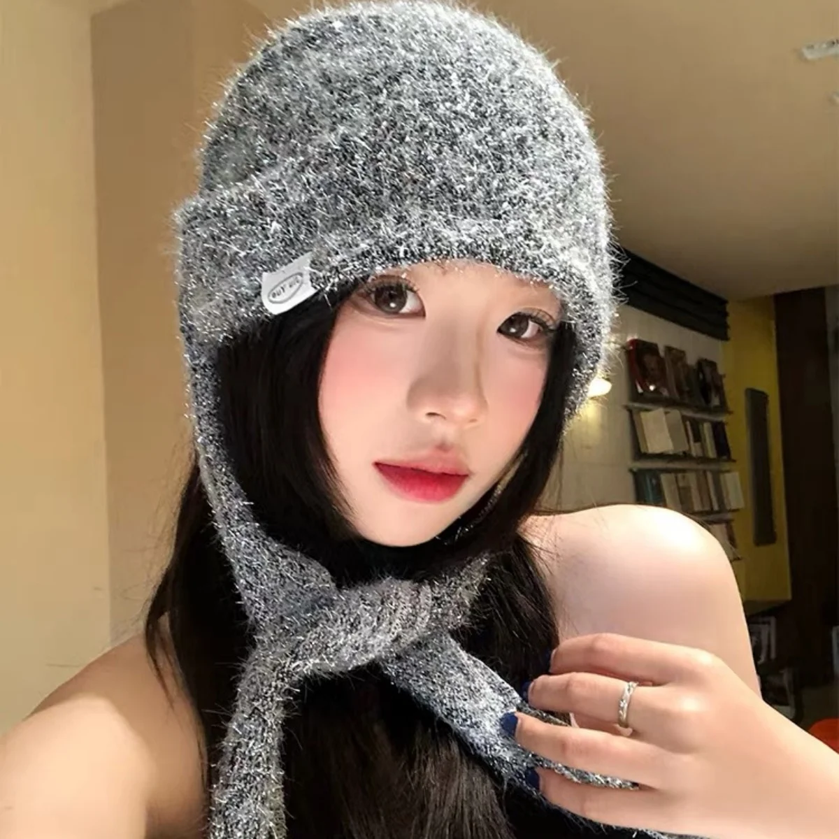 Y2K Glitter Fuzzy Knit Hat Women Long Tie Strap Wrap Headwear Harajuku Soft Plush Beanie Fashion Streetwear Ear Flap Bonnet Hat
