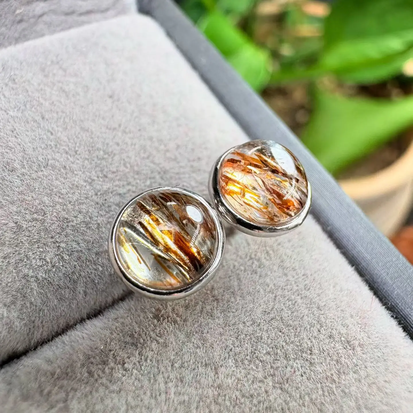

1Pair Fengbaowu Natural Black Gold Rutilated Quartz Earring 7MM Round 925 Sterling Silver Reiki Healing Stone Jewelry Gift Women